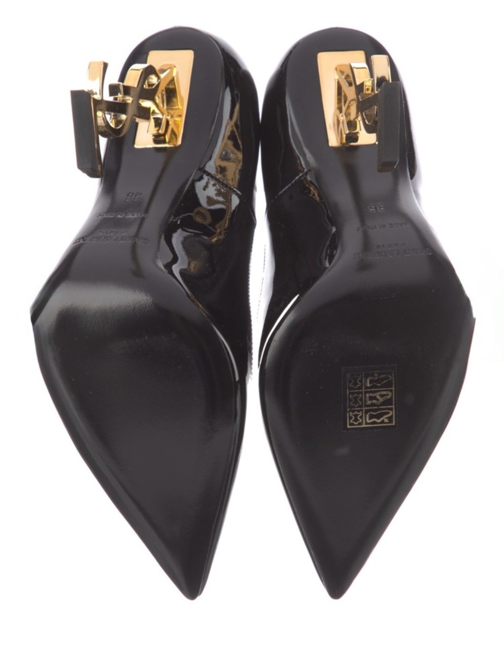 Saint Laurent Black Patent Tribute Logo-Heel Pump with Gold Monogram Heel - Picture 5 of 5